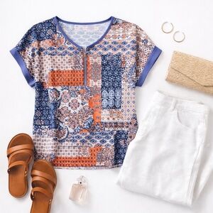 Clover + Pine Patchwork Floral Zip Front Blouse | Orange Blue Boho Top | XL